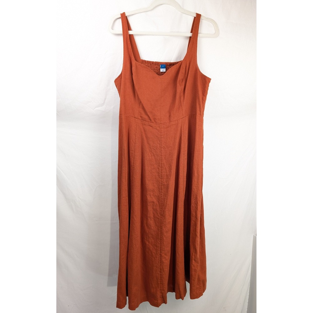 Linen Sweetheart Sleeveless Smocked Dress L Rust Orange Cottagecore Coastal Boho - Picture 2 of 9